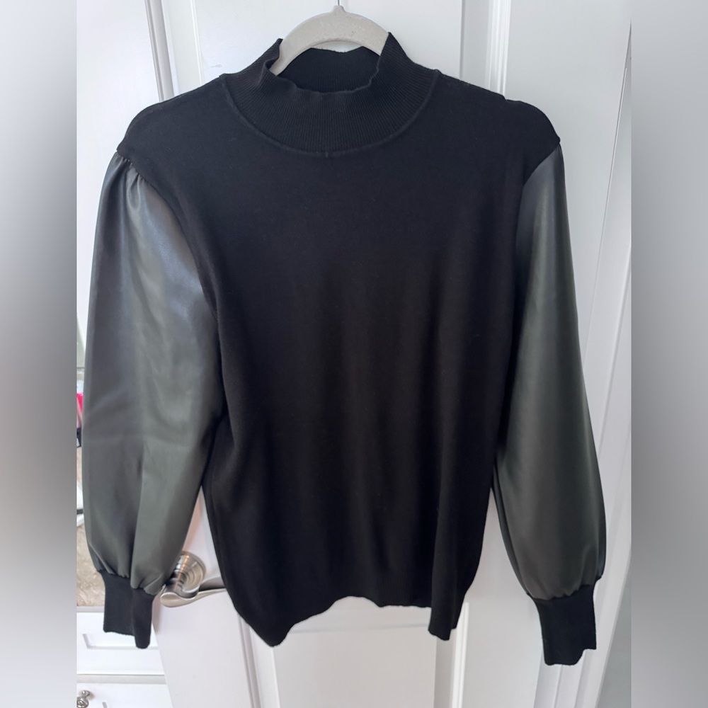 Sioni Black Sweater with Faux Leather Sleeves
